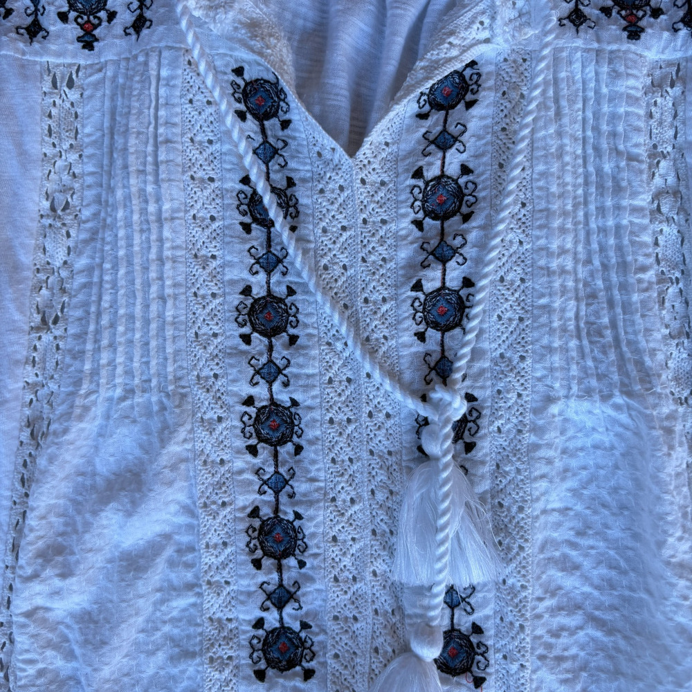 Lucky Brand Embroidered Tassel Tank Top White Boho Lace Trim Pleated Medium M - Picture 3 of 7